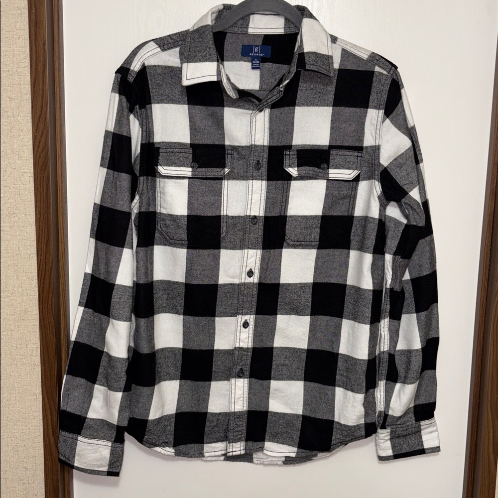 George Button Up Shirt Small Black White Buffalo Plaid Cotton Viscose Grunge